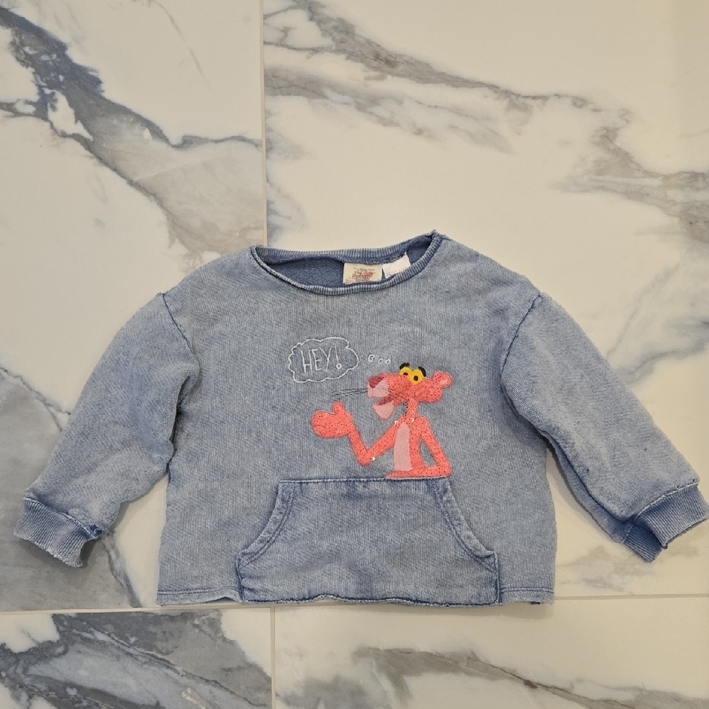 Zara Distressed Light Blue Sweatshirt with Pink Panther, GUC, Fashion Trend
